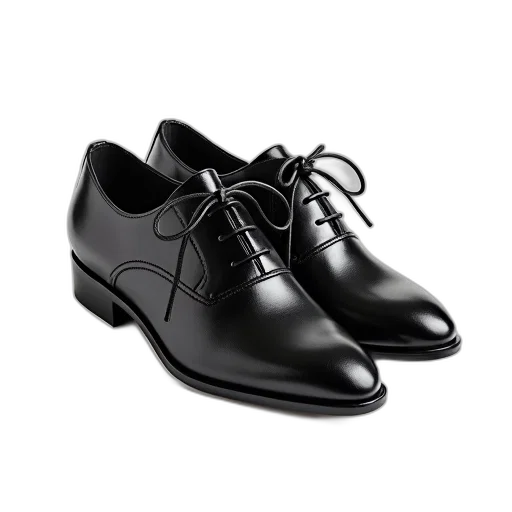 shoes, photorealistic, pair, black, leather, shiny, finish, visible transparent PNG cut-out