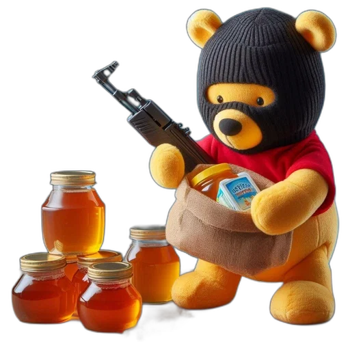 weapon, concept art, 3d render, winnie, pooh, doll, wears, balaclava transparent PNG cut-out