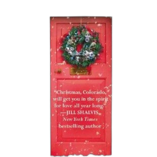 book, cover, red, door, adorned, wreath, surrounded, snow-covered transparent PNG cut-out
