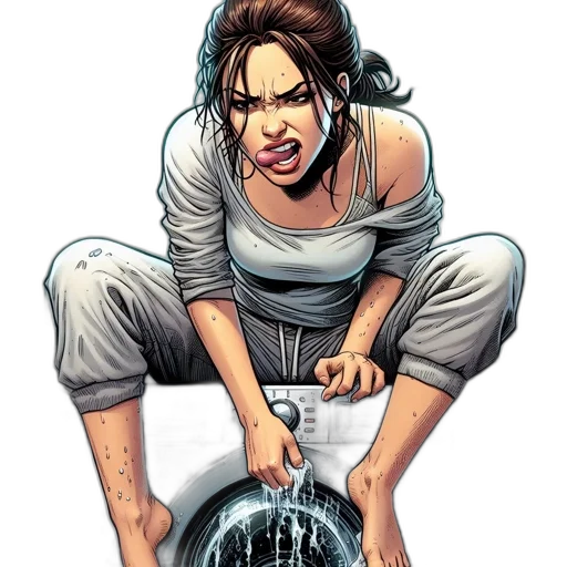 comic book art, concept art, photorealistic, agitated, woman, sitting, washing, machine transparent PNG cut-out