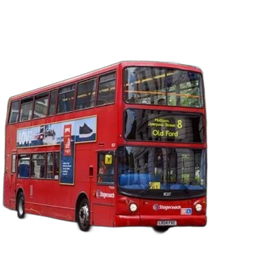 photorealistic, 3d render, concept art, red, double-decker, bus, advertisement, nike transparent PNG cut-out