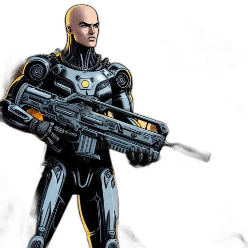 comic book art, concept art, cartoon, figure, armored, suit, holds, large transparent PNG cut-out