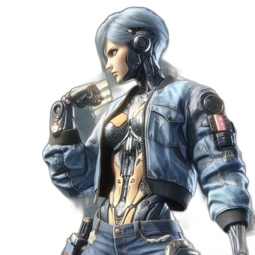 jacket, robot, weapon, concept art, cyberpunk, comic book art, 3d render, blue transparent PNG cut-out