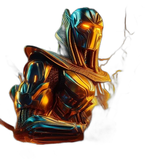 robot, mask, jewelry, concept art, 3d render, fantasy art, comic book art, golden transparent PNG cut-out