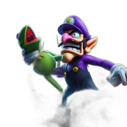 hat, staff, weapon, mask, concept art, 3d render, waluigi, holds transparent PNG cut-out