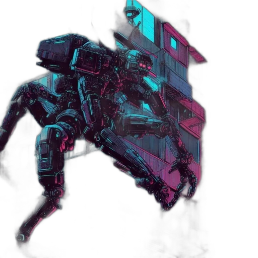 robot, creature, jacket, weapon, cyberpunk, concept art, vaporwave, fantasy art transparent PNG cut-out
