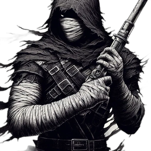 mask, sword, weapon, staff, comic book art, fantasy art, concept art, pencil sketch transparent PNG cut-out