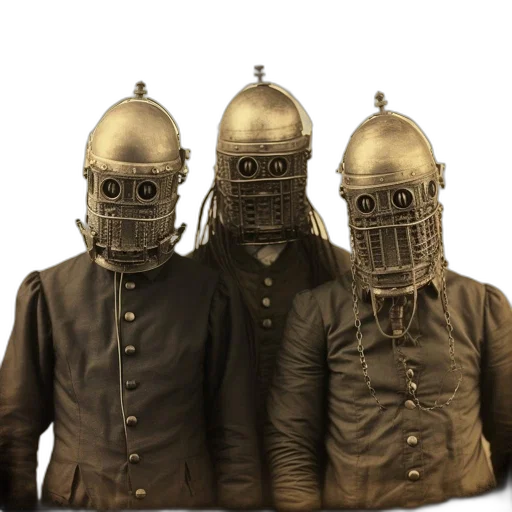 robot, mask, jacket, 3d render, concept art, three, individuals, each transparent PNG cut-out