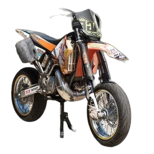 3d render, photorealistic, custom-built, dirt, bike, orange, white, accents transparent PNG cut-out