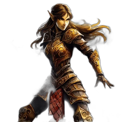 sword, fantasy art, concept art, comic book art, pixel art, golden, earth tones, female transparent PNG cut-out
