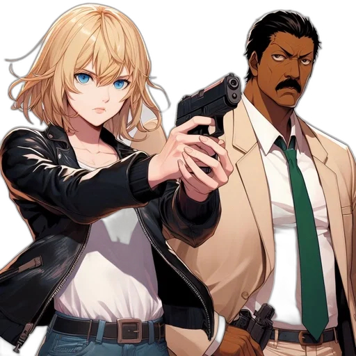 weapon, staff, anime, concept art, comic book art, cartoon, two, characters transparent PNG cut-out