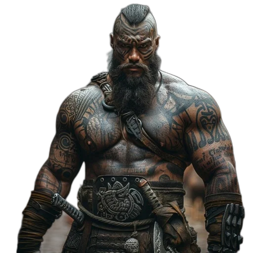 sword, fantasy art, concept art, photorealistic, comic book art, muscular, man, tattoos transparent PNG cut-out