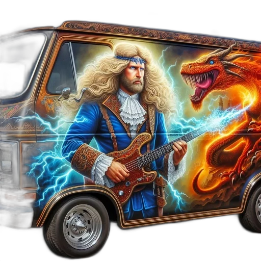 dragon, car, fantasy art, concept art, van, painted, vibrant, artwork transparent PNG cut-out
