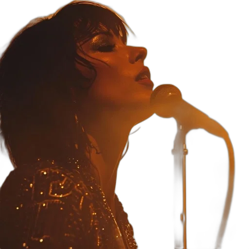 woman, shimmering, outfit, sings, stage, her, eyes, closed transparent PNG cut-out