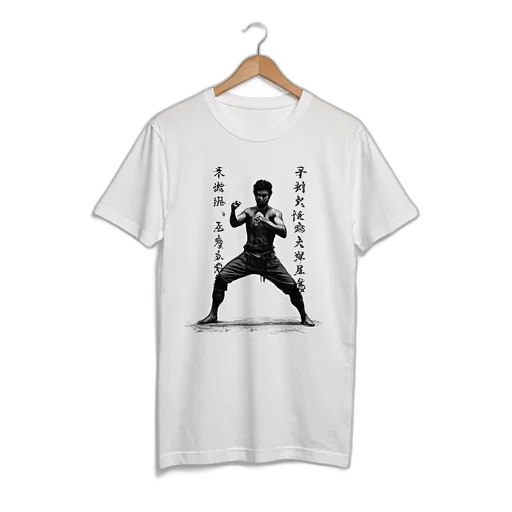 white, t-shirt, black, graphic, person, martial, arts, stance transparent PNG cut-out