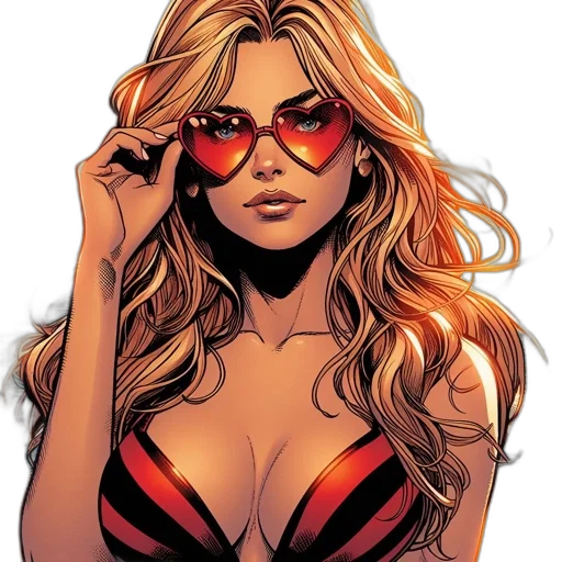 comic book art, cartoon, concept art, photorealistic, red, woman, wavy, blonde transparent PNG cut-out