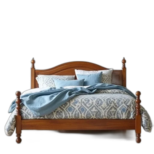 furniture, crown, 3d render, photorealistic, earth tones, blue, wooden, bed transparent PNG cut-out