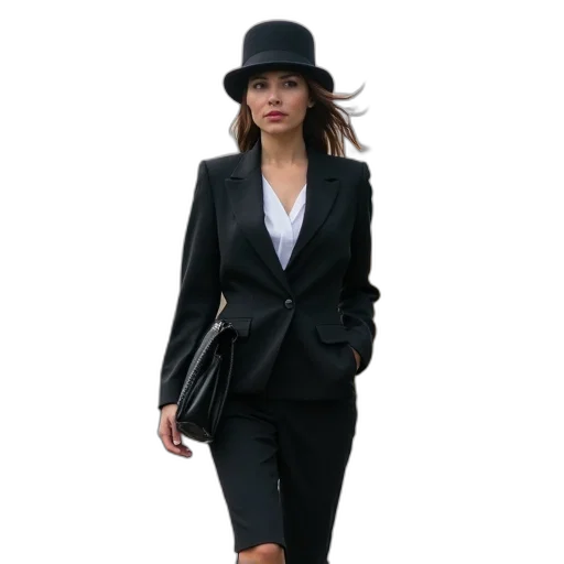 jacket, hat, staff, monochrome, dark, beautiful, business, woman transparent PNG cut-out