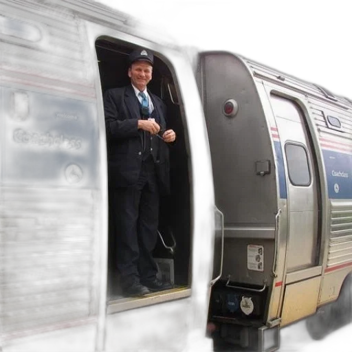 3d render, conductor, stands, doorway, train, car, labeled, coachclass transparent PNG cut-out