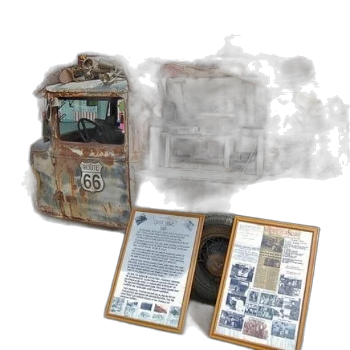 concept art, earth tones, old, truck, route, door, filled, various transparent PNG cut-out