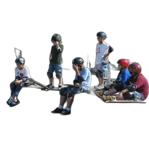 staff, 3d render, concept art, photorealistic, group, skateboarders, wearing, helmets transparent PNG cut-out
