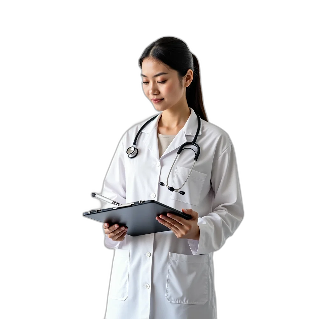 staff, person, white, coat, holding, clipboard, pen, their transparent PNG cut-out