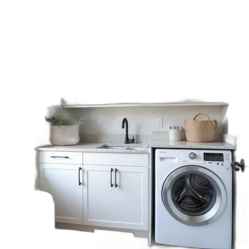 furniture, 3d render, photorealistic, monochrome, modern, laundry, room, white transparent PNG cut-out