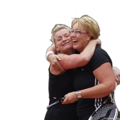 two, women, embrace, tennis, court, both, wearing, black transparent PNG cut-out
