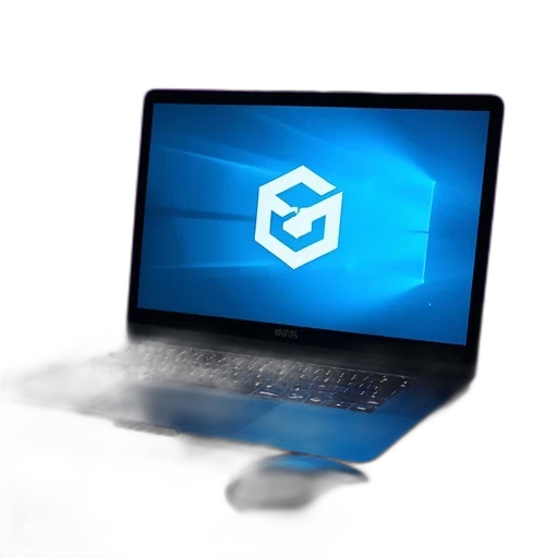 3d render, black, laptop, lit, screen, displaying, blue, wallpaper transparent PNG cut-out