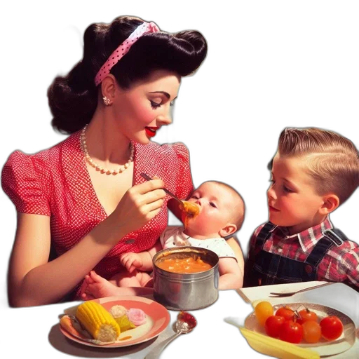 food, photorealistic, retro-styled, kitchen, woman, dressed, 50s, outfit transparent PNG cut-out