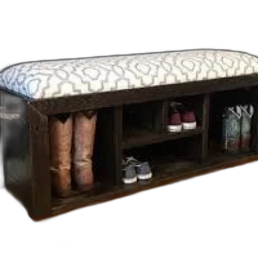 furniture, 3d render, stylish, wooden, bench, patterned, cushion, featuring transparent PNG cut-out