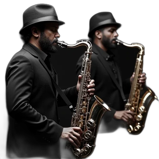 concept art, 3d render, photorealistic, pixel art, man, hat, playing, saxophone transparent PNG cut-out