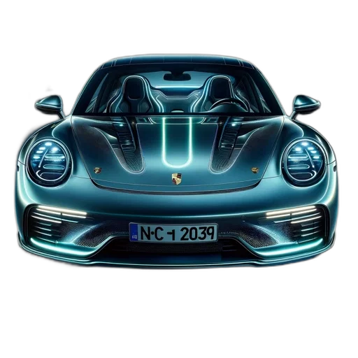 car, 3d render, photorealistic, concept art, futuristic, blue, porsche, logo transparent PNG cut-out