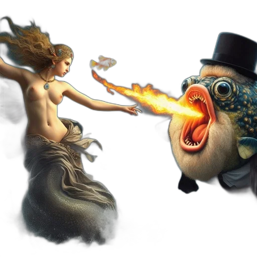 concept art, fantasy art, fire, woman, resembling, mermaid, confronts, grotesque transparent PNG cut-out