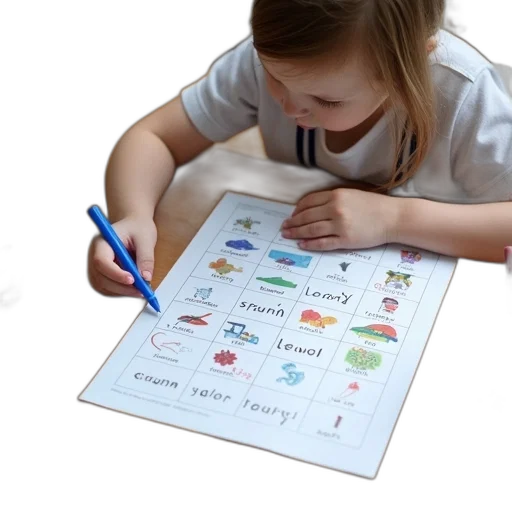 photorealistic, child, sitting, wooden, table, worksheet, front, them transparent PNG cut-out