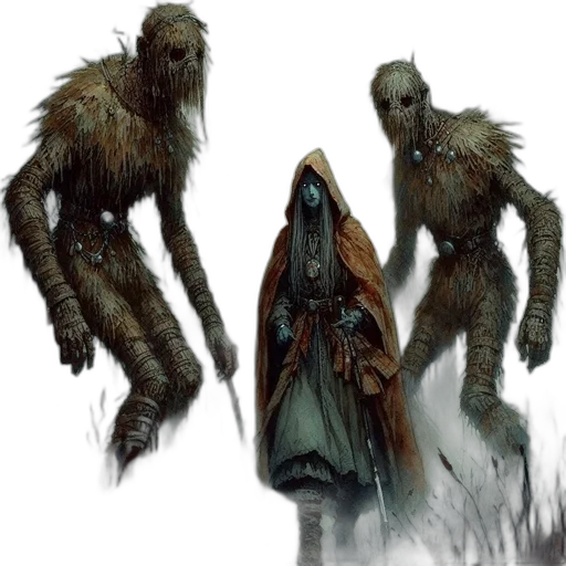 creature, mask, staff, concept art, fantasy art, comic book art, fog, forest transparent PNG cut-out