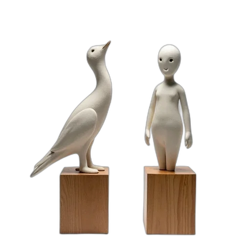 3d render, concept art, pair, ceramic, sculptures, one, bird-like, figure transparent PNG cut-out