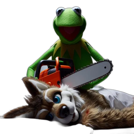 staff, animal, weapon, 3d render, kermit, frog, wields, chainsaw transparent PNG cut-out