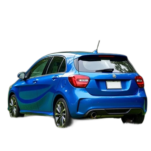 car, 3d render, photorealistic, blue, hatchback, parked, grassy, field transparent PNG cut-out