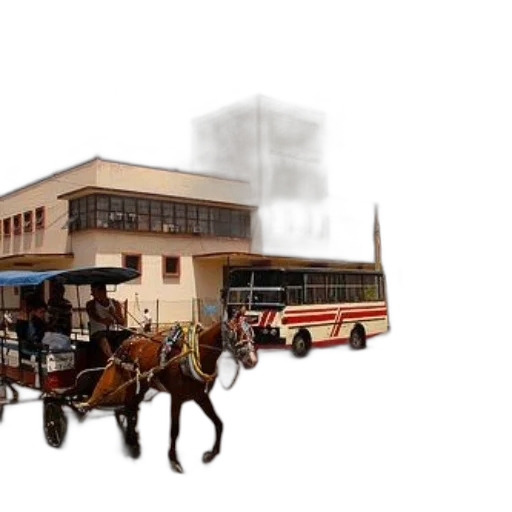 photorealistic, 3d render, concept art, city street, fog, horse-drawn, carriage, bus transparent PNG cut-out