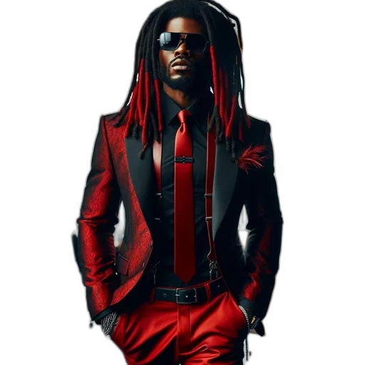 jacket, red, man, striking, suit, stands, open-plan, office transparent PNG cut-out