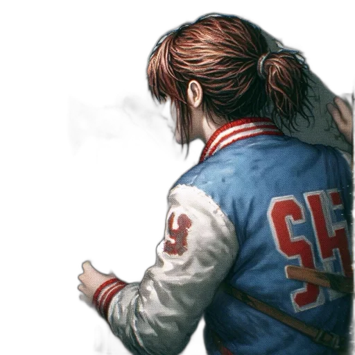 jacket, face, weapon, staff, concept art, photorealistic, pixel art, comic book art transparent PNG cut-out