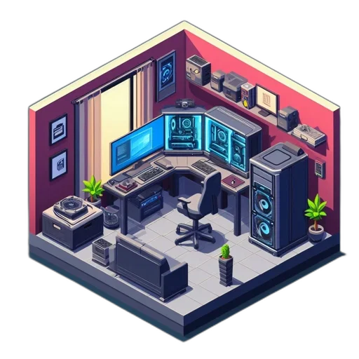 furniture, robot, building, weapon, pixel art, cyberpunk, concept art, 3d render transparent PNG cut-out