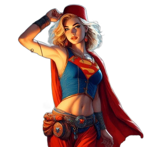 staff, comic book art, fantasy art, concept art, pixel art, woman, wearing, supergirl-inspired transparent PNG cut-out