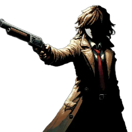 weapon, jacket, staff, comic book art, concept art, pixel art, cyberpunk, pixel transparent PNG cut-out