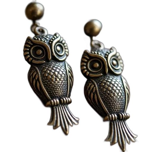 jewelry, photorealistic, pair, antique, bronze, owl, earrings, intricate transparent PNG cut-out