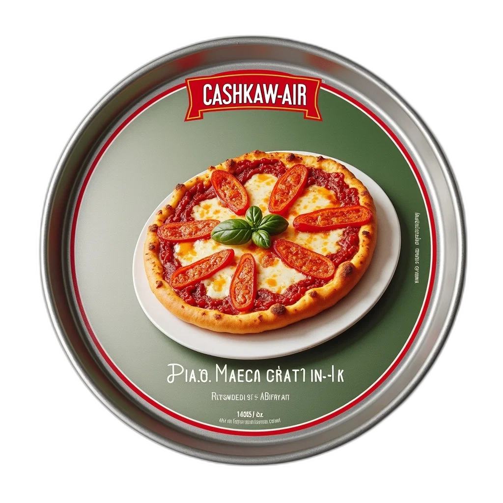 food, round, silver, pizza, pan, green, red, label transparent PNG cut-out