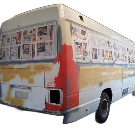 car, 3d render, bus, undergoing, renovation, newspapers, covering, windows transparent PNG cut-out