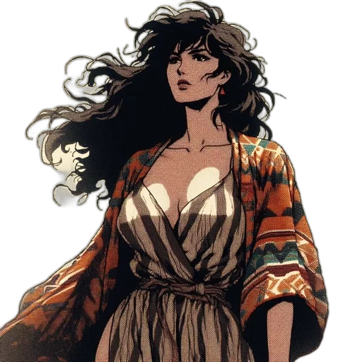 dress, comic book art, concept art, fantasy art, cartoon, earth tones, golden, dark transparent PNG cut-out