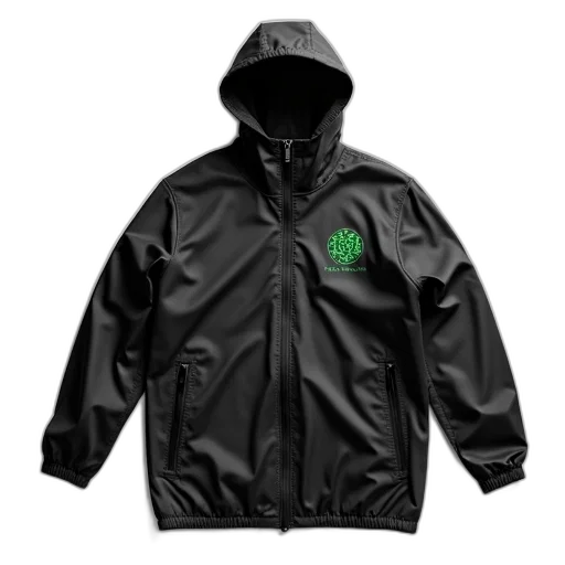 jacket, green, black, windbreaker, zipper, hood, featuring, embroidered transparent PNG cut-out